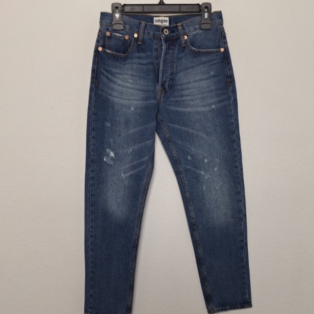 Umgee Medium Wash Grunge Bohemian High Rise Distressed Denim Mom Jeans Size 26